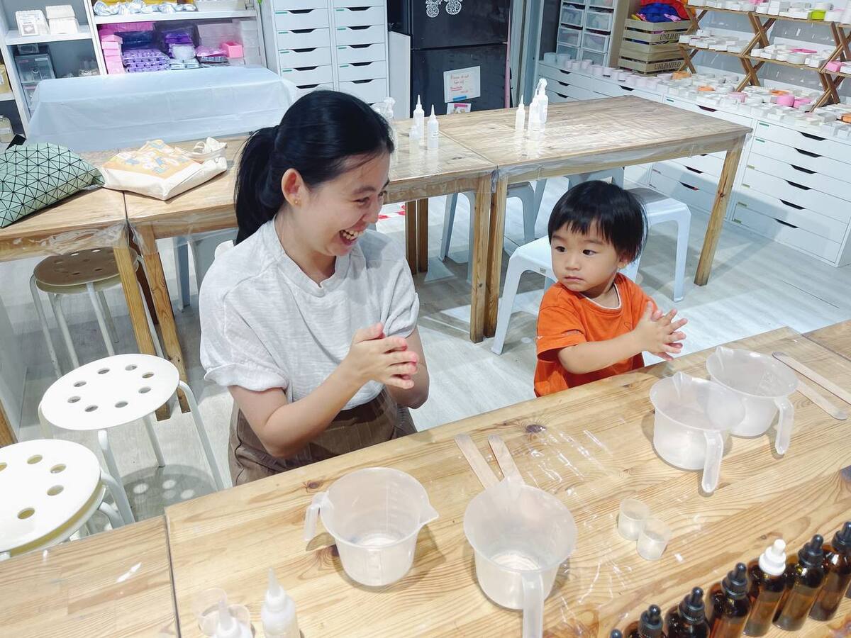 Mum and son soap-making