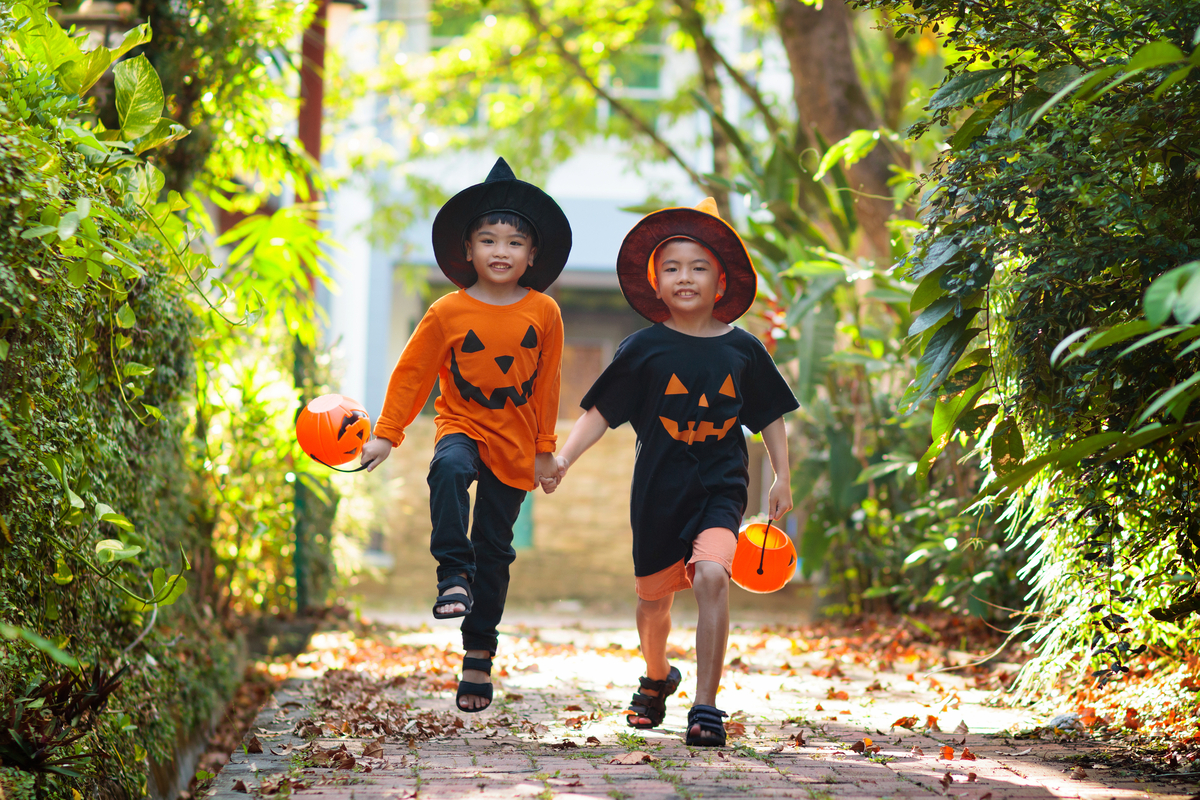 Free Primary 1 Math Worksheets for Halloween two children holding pumpkin baskets going trick or treating
