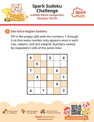 Free sudoku Worksheets Spark Sudoku Challenge 6x6 extra region