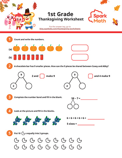 Free Thanksgiving 1st Grade Math Worksheets pdf download