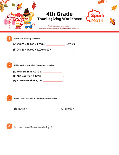 Free Thanksgiving 4th Grade Math Worksheets pdf download