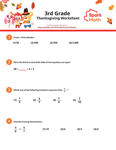 Free Thanksgiving 3rd Grade Math Worksheets pdf download