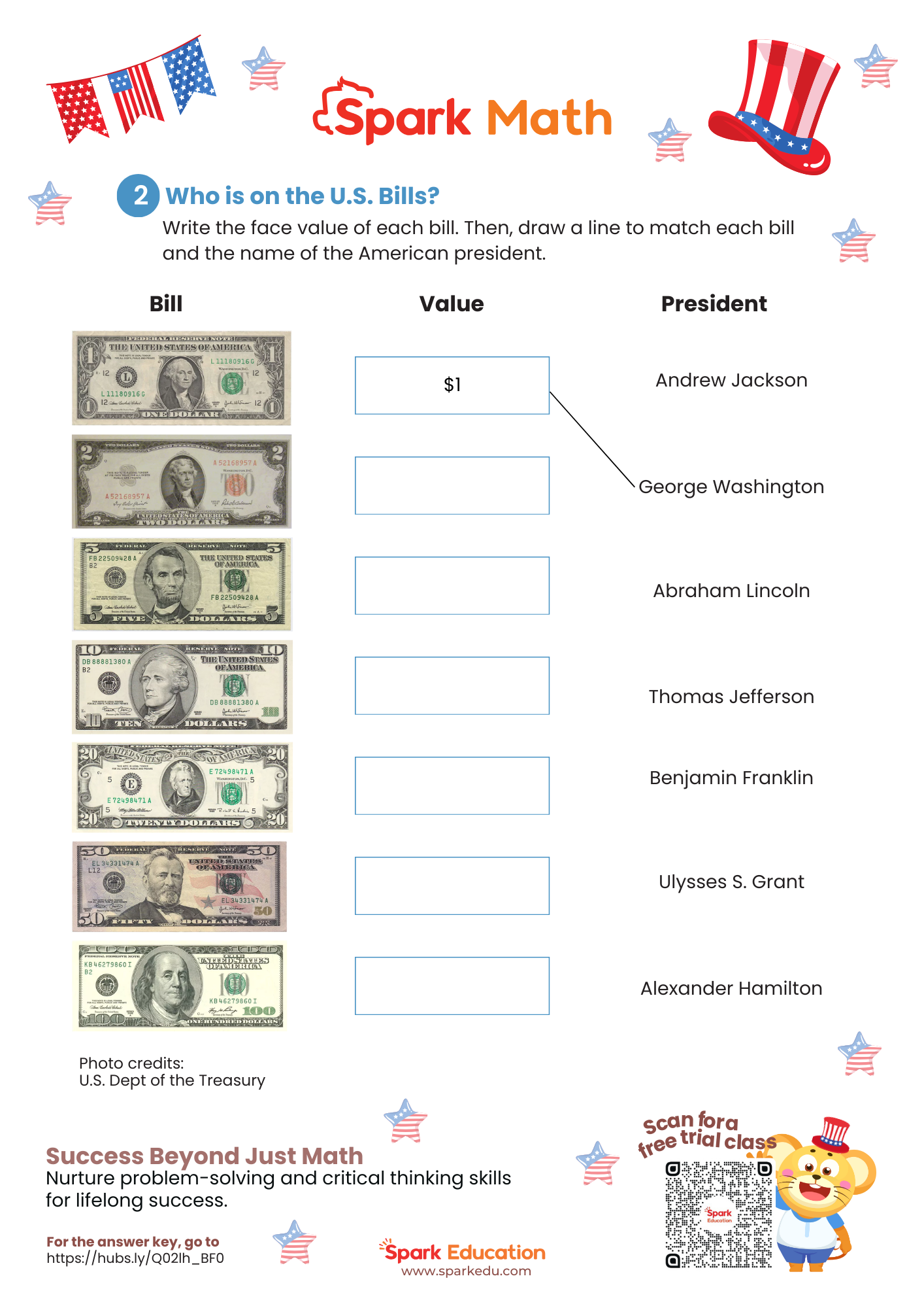 Spark Education Presidents Day Math Activities and Free Worksheets for K2-G5 Kids